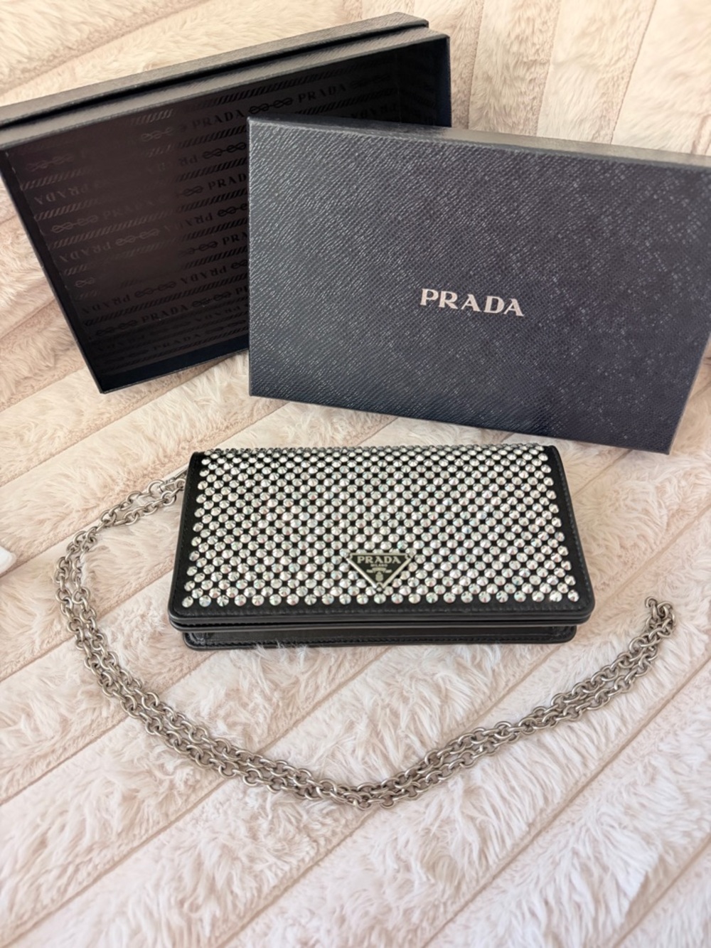 PRADA Black Satin Crystal Crossbody Clutch Bag 1DH044 - Picture 2 of 16